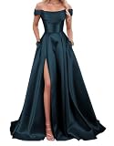 Vestido de dama de honor de satén para mujer con abertura y bolsillos, vestidos de cóctel lisos, azul marino, 36