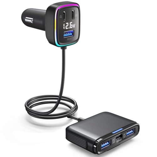 Image of 5FT Cable 115W 6-Port Multiport Car Charger, Cigarette Lighter USB Splitter | PD 36W, QC3.0 USB C A Fast Charging,Back Seat Charging, Car Travel Essentials for Road Trips