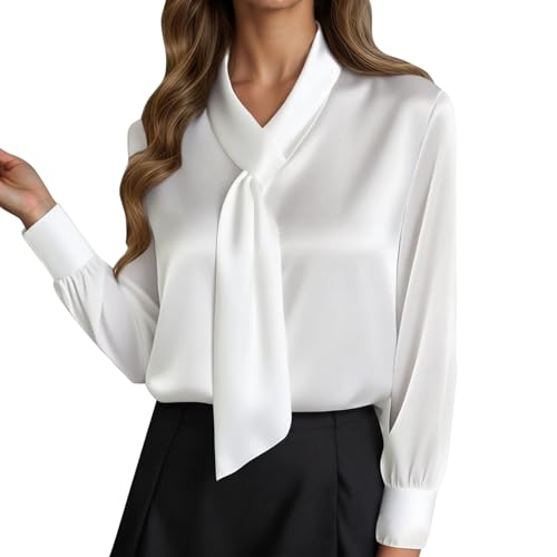 Generisch Elegante blusa de diseño monocolor con detalle de corbata fluida y mangas largas para atuendos diarios y de noche, Blanco, M