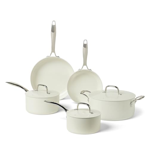 Amazon Basics Ceramic Nonstick Cookware, 8-Piece Set of Pots and Pans, Dishwasher and Oven-Safe, All Cooktop Friendly, Ivory