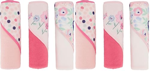 Image of Cudlie Buttons & Stitches Baby Girl 6 Pack Rolled/Carded Hooded Towels in Blooms & Dots Print, GS71731
