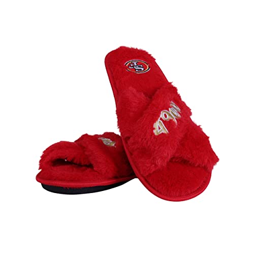 Image of FOCO Womens NFL Team Script Wordmark Fuzzy Cross Slide Slippers