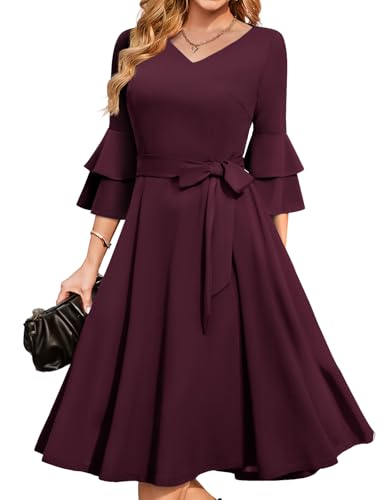 Image of DRESSTELLS Women's Cocktail Dress Summer Wedding Guest Party Vintage 3 /4 Bell Sleeve V Neck A-Line Dress