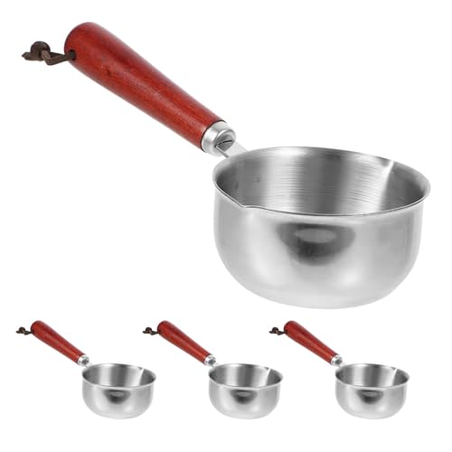 POPETPOP 4 Cacerolas Pequeñas de Acero Inoxidable 150 Ml con Mango de Madera Antideslizante, Mini Ollas para Derretir Mantequilla, Calentar Leche y Cocinar Salsas, Aptas para Inducción,