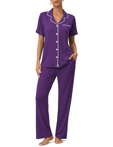 Image of ZMJ Womens Pajamas Sets 2 Piece Button Up Pj Sets Short Sleeve with Long Pant