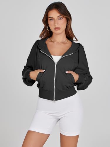 Fisoew Women's Crop Zip Up Hoodies Casual Long Sleeve Hooded Cropped Sweatshirts with Pockets4