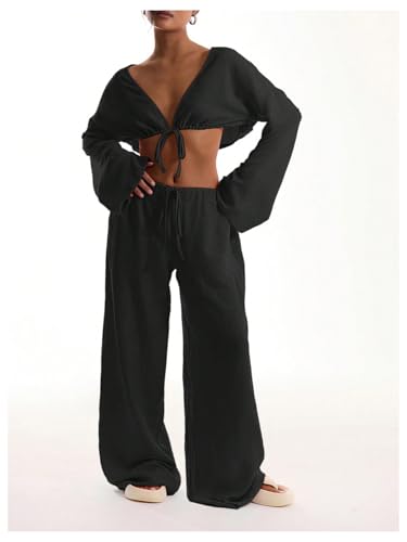 Image of RoseSeek Women's Wide Leg Linen Pants Mesh Beach Cover Up Vacation Outfits
