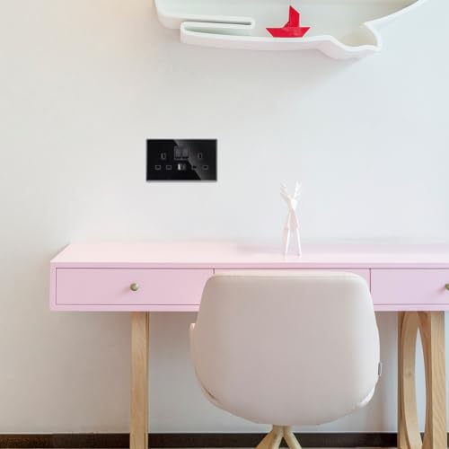 JIMEIDA 2 Pack Double Switched Socket 13 Amp with USB A and Type C Charging Ports Crystal Black Glass Panel Wall Outlet Electric Power Socket