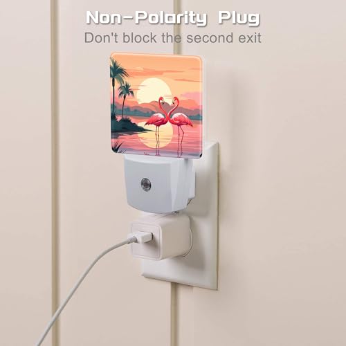 Image of Pink Flamingos at Sunset Night Light for Kids,Summer Beach Tropical Palm Tree Night Light Plug in with Dusk to Dawn Sensor,0.5w Energy Saving Nightlight for Hallway Stairway Kitchen Bedroom