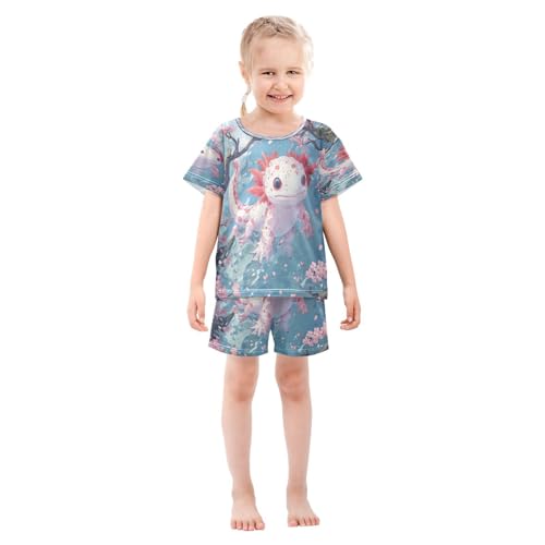 Pajama Sets Short Sleeve Kawaii Axolotl Cherry Blossoms Soft Cotton Summer Sleepwear 2 Piece PJS Size 5-14T4