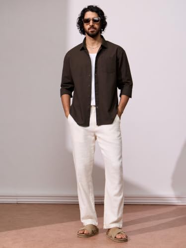 Image of The Souled Store Cotton Linen: Men and Boys Long Sleeve Spread Collar Solid Cotton Relaxed Fit Easy to Style Everyday Office Wear Cotton Linen Shirts