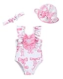 SODLON Baby Girl Swimsuit 6-12 Month Infant One-Piece Bathing Suit Ruffle Pink Bow Swimwear with Sunhat & Headband Rash Guard Cute Swimsuits for Summer Pool Vacation Beach Essentials