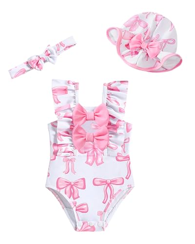 SODLON Baby Swimsuit Girl 3-6 Months Infant Newborn One-Piece Bathing Suit Ruffle Pink Bow Swimwear with Hat & Headband Rash Guard Sweet Swimsuits for Summer Pool Vacation Beach Essentials