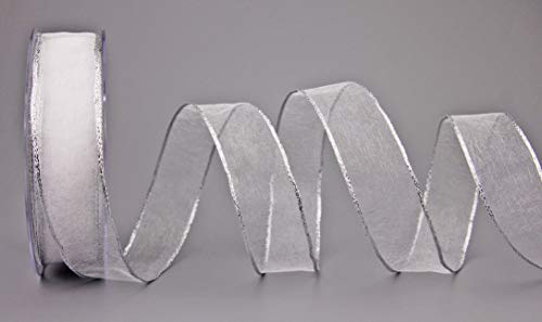 Finemark Chiffon Ribbon Organza with Silver Edge Shiny Transparent Wire Festive Decoration Christmas, White mit Silberkante