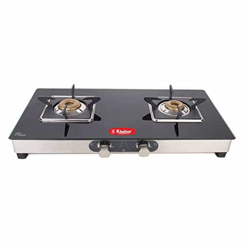 Khaitan 2 Burner Crysta SS Black Toughened Glass LPG Gas Cooktop, Manual Ignition Gas Stove with 1 Year Warranty (ISI Approved)