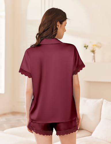 Image of Ekouaer Womens Lace Satin Pajama Set Button Down Pj Shorts Set Bridesmaids Getting Ready Outfits Casual Sleepwear XS-XXL