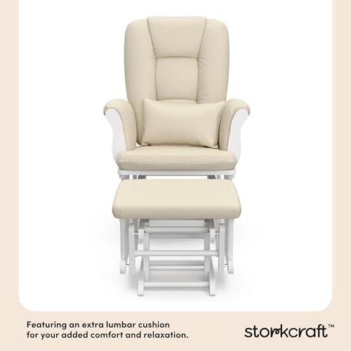 Image of Storkcraft Tuscany Glider and Ottoman with Lumbar Pillow, White /Beige