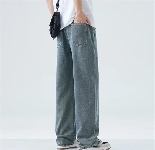 Men's Drawstring Straight Jeans, Solid Color Loose Wide-Leg Pants, Blue Multi-Pocket Hip-Hop Jeans2