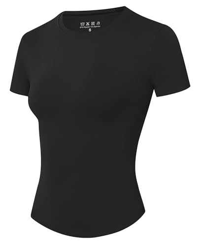 Moozava Compression Shirt Women Short Sleeve Workout Tops Athletic Quick Dry Base Layer Gym Yoga Running T-Shirt Black-S