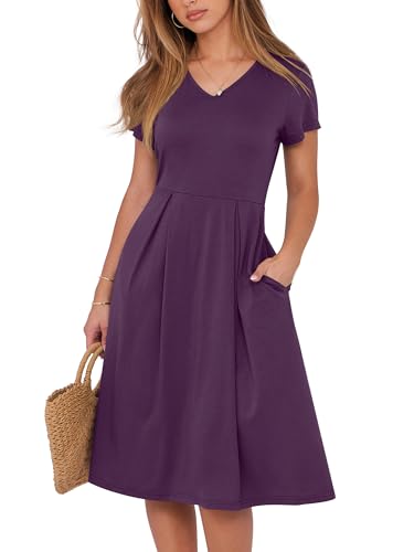 ANRABESS Women Summer Dress Casual Short Sleeve V Neck A-Line Knee Length Pleated Flowy 2026 Fashion Midi Dresses with Pocket Purple Large