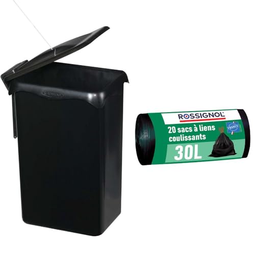 ROSSIGNOL Poubelle intérieure de meuble cuisine 23L. Fabrication française, Ouverture automatique avec la porte du placard, installation facile PORTASAC (Noir, 23L + 1 rouleau de sacs)