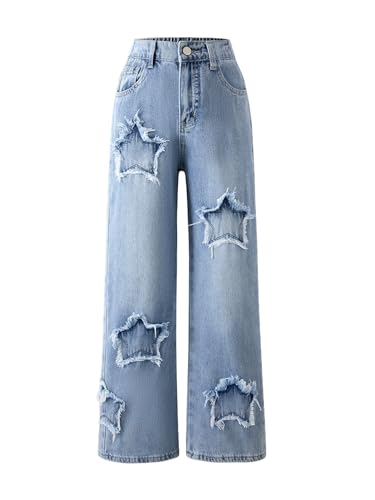 Girls Baggy Jeans Star Pacthes Distressed Wide Leg Denim Pants Trousers for 7-14 Years