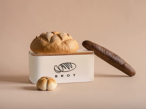 Foto von Theo&Cleo Brotkästen mit Deckel, Deckel aus Ökologisches Bambus, Kann als Schneidebrett, Geräumiger Retro Brotkasten aus Metall, Brot Lange Aufbewahren und Frisch Halten 30cm * 18cm * 14cm Beige