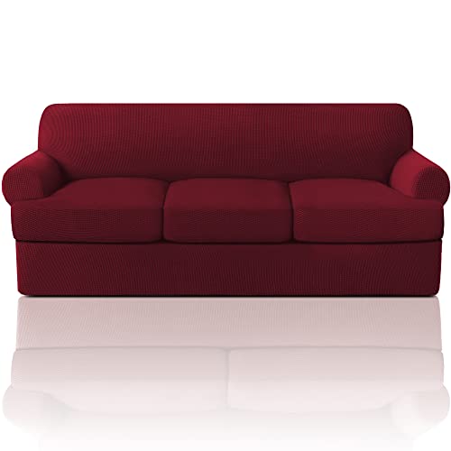 PrinceDeco T Cushion Sofa Slipcover 4 Pieces Sofa Covers for T Cushion Couch Soft Sofa Slip Covers Furniture Protector with 3 Individual T Shape Seat Covers Width Up to 88" Burgundy
