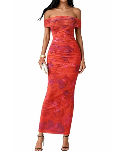 Image of BTFBM Cocktail Dresses for Women 2026 Elegant Classy Off Shoulder Bodycon Mesh Slit Floral Maxi Spring Summer Dress