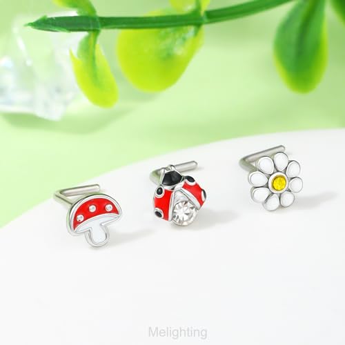 Meiighting 3Pcs Mushroom Nose Rings 20G Ladybug Nose Studs Surgical Steel 316L Flower Nose Piercing Jewelry L Shaped For Women 8mm Spring Piercing Jewerly3