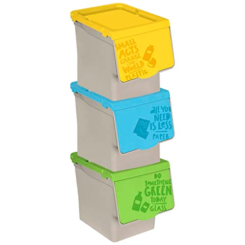 ACAN Tradineur - Pack de 3 contenedores apilables, polipropileno, cubos de basura,almacenamiento de residuos, fácil apertura, reciclaje (Papel, plástico y vidrio, 27 litros, 31,5 x 29,5 cm x 39,5 cm)