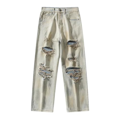 Mens Vintage Denim Trousers Distressed Pants Japanese Streetwear Ripped Baggy Jeans Hip Hop