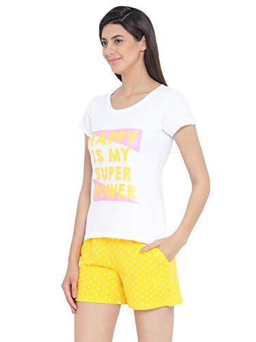 Image of Clovia Women's Cotton Rich Text Print Top & Polka Print Shorts