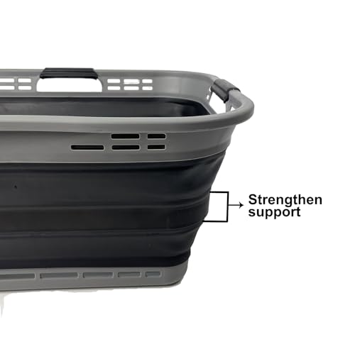 Image of SAMMART Set of 2 Collapsible Plastic Storage Basket - Foldable Pop Up Storage Container - Portable Laundry Organizer - Space Saving Hamper (Grey /Black, 42L (Style A))