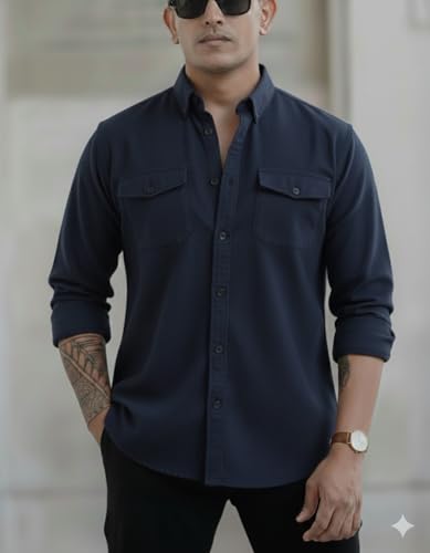 Image of Men's Black Casual Shirt, Long Sleeve, Dual Chest Pockets, Button-Down Collar