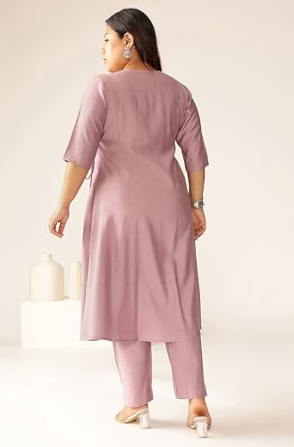 Image of Janasya Women Silk Blend Solid Kurta & Pant Set Lavender Color Trending Outfit