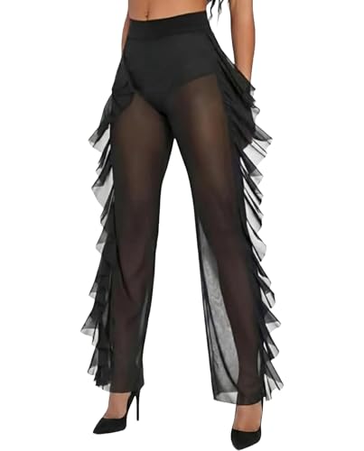 BIGFOX Women's Summer Sheer Mesh Pants, See Through Ruffle Trousers for Swimsuit Coverups, Slacks, Vacation, Stripper Outfit (US, Alpha, XX-Large, Regular, Regular, Black)