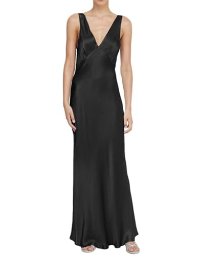 WSEYU Vestido largo de verano con cuello en V, para invitada de boda, simple, elegante, formal, acampanado, sin espalda, vestidos de compromiso, Negro, 46