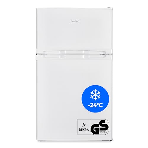 MEDION Mini Kühl-Gefrierkombination (85 Liter, 61L Kühlteil, 24L Gefrierteil, freistehend, 40 dB, transparente Gemüseschublade, Türanschlag wechselbar, MD 37689) weiß