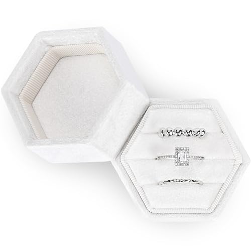 WantGor Vintage Samt Schmuck Ring Box 3 Slots Sechseck Ring Geschenk Box Display Case für Hochzeit Zeremonie Verlobung (Weiß)