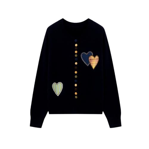 FindThy Womens Embroidered Heart Cardigan Sweater Cute Crewneck Long Sleeve Button Down Knitted Cardigan Coat(4140-Black-OneSize-LB)
