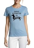 atspauda t-shirt da donna in cotone con scritta easily distracted by wieners, divertente cane wiener, azzurro, azzurro, l