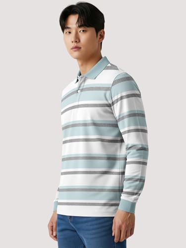 Image of BULLMER White Striped Printed Polo Neck Fullsleeve Tshirt with Rib for Men.