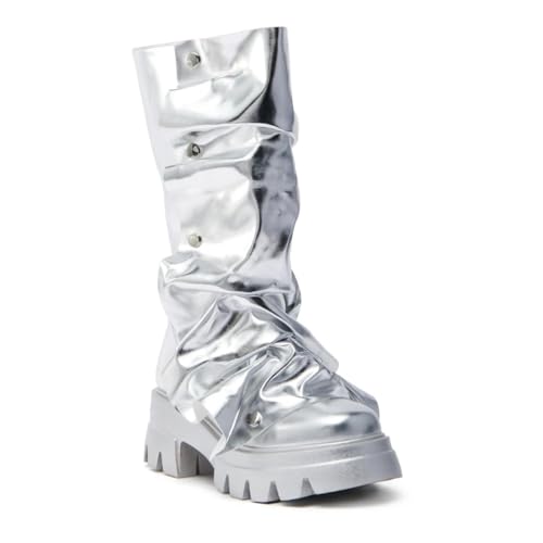 Women's Shin Metallic Fashion Buttons Long Boots Ladies Unique Wrinkled Chunky Sole Trendy High Boots2