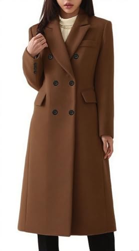 CHARTOU Women Long Fall Winter Wool Coats Double Breast Business Work Trench Peacoat Over Coat