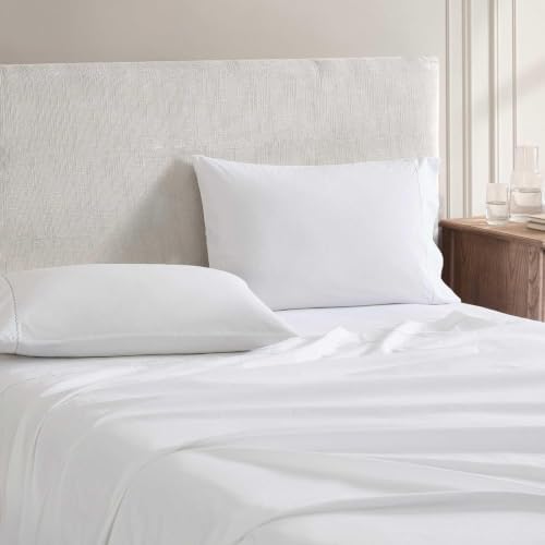Image of Martha Stewart - Full Size Sheets Set, Crisp & Tailored Cooling Sheets with a Smooth Cotton Percale Lightweight Feel - Bed Sheets with Matching Pillowcases & Fitted Sheet (Lilly Pond Leaf Blue)