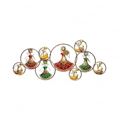 Image of Bharat Art Metal 9 Kalbeliya LED Ring Doll Wall Art | Decorative Metal Wall Sculpture for Living Room Bedroom Home Office | Multicolor (58.5 x 3 x 24.5 Inch) W065