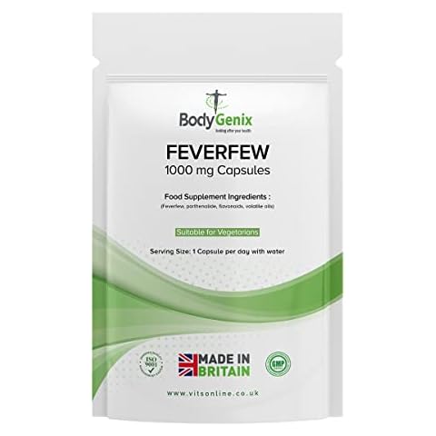 Bodygenix Feverfew 1000mg Vegan Capsules Supplements – with Anti-inflammatory Properties – Support Healthy Joints Health, Supports Mood and Migraine Headache (365) Cover