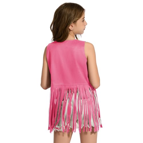 Image of Girls Kids Fringe Vest Sleeveless Western Cowgirl Vest 60s 70s Hippie Faux Suede Tassels Jacket for Halloween