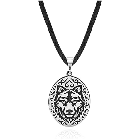 925 Sterling Silver Original Leather Rope Wolf Head Patterned Flashy Cool Gothic Men's Pendant Necklace Accessory Jewelry Wild Animal Patterned Necklace (Leather Rope Length 70 CM) Cover